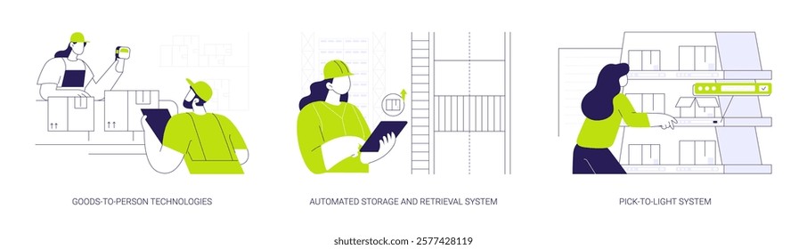 Smart warehouse abstract concept vector illustration set. Goods-to-person technologies, automated storage and retrieval system, pick-to-light system, logistics automation abstract metaphor.