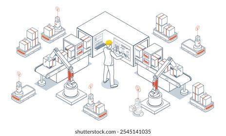 A automação de depósito inteligente integra sistemas robóticos e AGVs com sensores e IA para agilizar as operações de manuseio, navegação e transporte de materiais. Ilustração vetorial EPS 10