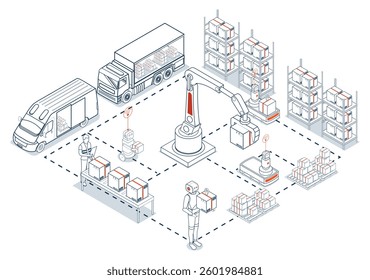 Smart warehouse automation integrates robotic systems and AGVs with sensors and AI to streamline material handling, navigation, and transport operations. 