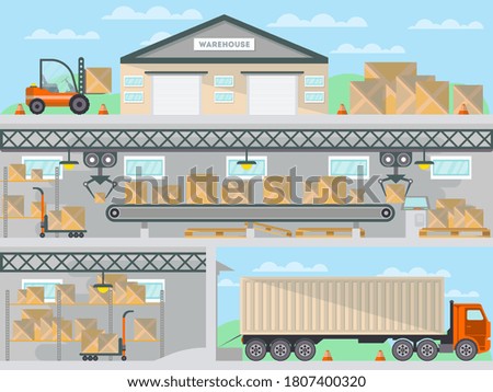 Smart warehouse. Automation storehouse logistics smart system. Vector warehouse building, forklift, robotic conveyor line with parcel box, storage rack stand row, cargo truck for delivery illustration