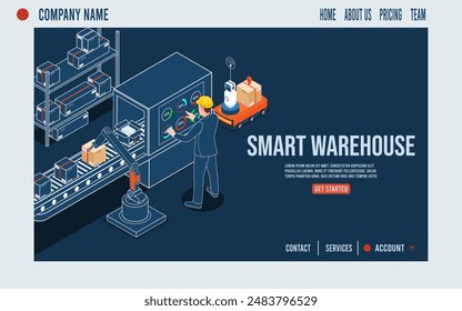 Página de inicio del sistema de automatización de almacenes inteligentes con logística de almacenes impulsada por la previsión de demanda impulsada por IA. Ilustración vectorial Eps10