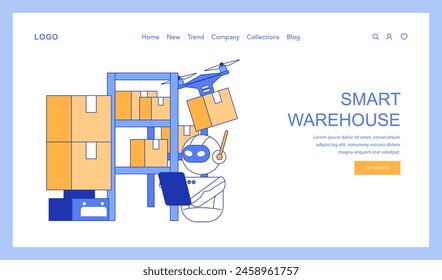 Smart Warehouse concept. Advanced drones and robots streamline inventory management for the logistics sector. Innovation in storage solutions. Vector illustration.