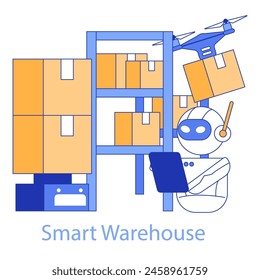 Smart Warehouse concept. Advanced drones and robots streamline inventory management for the logistics sector. Innovation in storage solutions. Vector illustration.