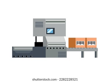 Smart warehouse equipment flat icon with automated conveyor line vector illustration