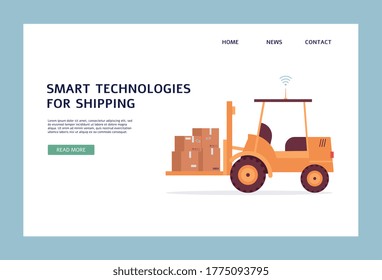 Smart warehouse forklift carrying cargo - website banner for modern shipping technology and industrial automation. Yellow vehicle with cardboard boxes, vector illustration.