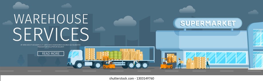 Smart Warehouse Freight Delivery to Supermarket. Fast Shipping Storage Service. Cargo Truck Delivering Package and Goods from Storehouse to City Mall. Flat Cartoon Vector Illustration