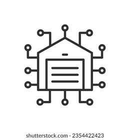 Almacenamiento inteligente, icono lineal. Un edificio logístico con sistema informático. Concepto de chip y edificio. Línea con trazo editable