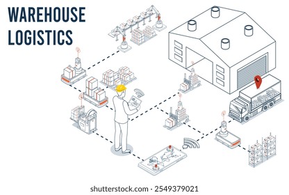 A logística de depósito inteligente combina robôs e sistemas automatizados para gerenciar com eficiência o fluxo de inventário e as operações. Ilustração vetorial EPS 10