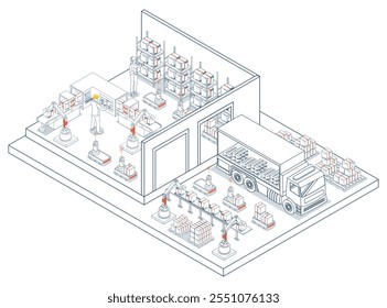 A logística de depósito inteligente combina robôs e sistemas automatizados para gerenciar com eficiência o fluxo de inventário e as operações. Ilustração vetorial EPS 10