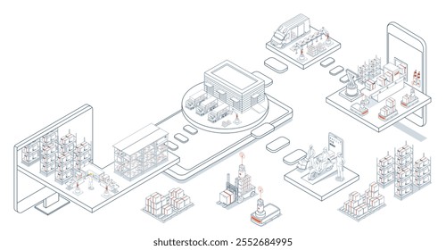 A logística de depósito inteligente combina robôs e sistemas automatizados para gerenciar com eficiência o fluxo de inventário e as operações. Ilustração vetorial EPS 10