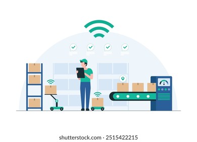 Soluções Smart Warehouse Management para Inventário. Sistemas de inventário inovadores, rastreamento automatizado e gerenciamento de logística em tempo real para operações de depósito eficientes. Ilustração