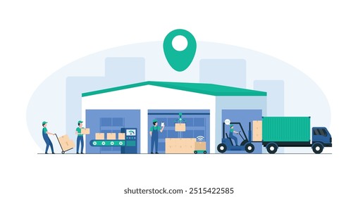 Soluções Smart Warehouse Management para Inventário. Sistemas de Depósito Automatizados para Gerenciamento de Inventário. Tecnologia de automação moderna em armazéns, com controle de inventário avançado. Ilustração