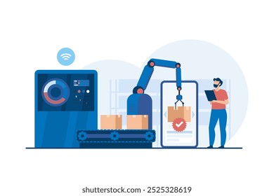 Soluções Smart Warehouse Management para Inventário.
Sistemas de Depósito Automatizados para Gerenciamento de Inventário. Ilustração de vetor