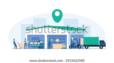 Smart Warehouse Management Solutions for Inventory. Automated Warehouse Systems for Inventory Management. Modern automation technology in warehouses, featuring advanced inventory control. Illustration