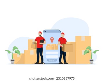 Smart warehouse management system application. Employees log into their phones with a warehouse control app. flat vector illustration on white background.
