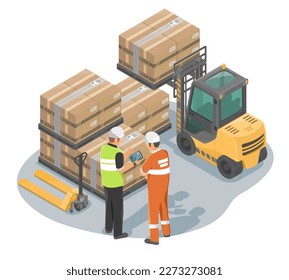 Smart warehouse management system manager talking with stock employee to planing work process for the faster logistic service illustration isometric isolated vector isometric