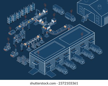 Sistema de Gestión de Almacenes Inteligentes con simulación de Almacén, Flexibilidad Logística, Automatización de Procesos Robóticos y Recuentos de Inventarios Precisos. Ilustración vectorial eps10