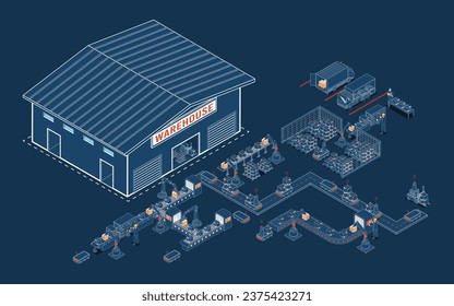 Smart Warehouse Management System with Warehouse simulation, Logistics flexibility, Robotic process automation and Accurate inventory counts. Vector illustration eps10