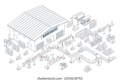 Smart Warehouse Management System with Warehouse simulation, Logistics flexibility, Robotic process automation and Accurate inventory counts. Vector illustration eps10