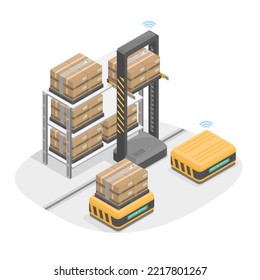 smart warehouse robot forklift carry heavy cargo ai automatic loadind section industry isometric isolate vector