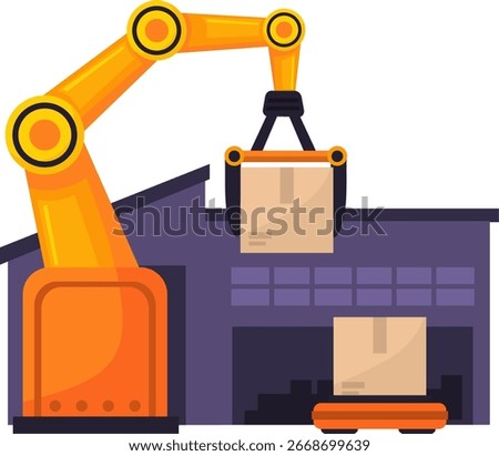 Smart Warehouse with Robotic Arm. A robotic arm inside a warehouse environment lifting and organizing boxes, symbolizing robotics in logistics, and intelligent inventory management.