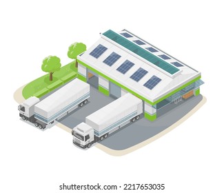 smart warehouse with solar cell energy ecology for eco factory with logistics trailer isometric isolate vector 