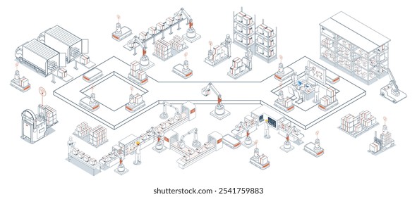 Soluciones de almacén inteligentes con sistemas automatizados y robots autónomos para un concepto eficiente de almacenamiento y operaciones logísticas. Ilustración vectorial eps10