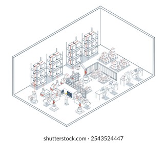 O sistema de warehouse inteligente utiliza AGVs e AMRs para automatizar operações, otimizar o gerenciamento de inventário e aprimorar a eficiência operacional por meio de análises de dados em tempo real. Ilustração vetorial EPS 10