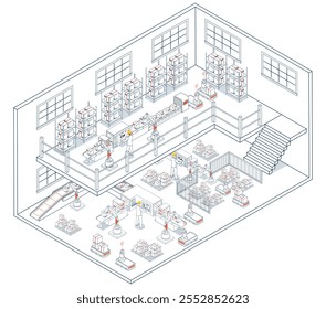 Smart warehouse system leverages AGVs and AMRs to automate operations, optimize inventory management, and enhance operational efficiency through real-time data analytics. Vector illustration EPS 10