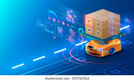 Smart Warehouse Technology. Automated Robot Delivers An Order Box In Smart Automated Warehouse. Drone Swarm Of Robots In Logistic Industry. AI Routes Autonomous Rovers And Manages A Smart Warehouse.