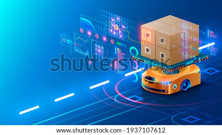 Smart warehouse technology. Automated robot delivers an order box in smart automated warehouse. Drone swarm of robots in logistic industry. AI routes autonomous rovers and manages a smart warehouse.