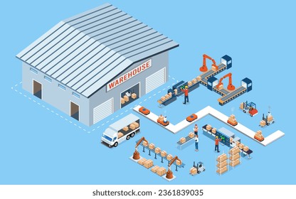 Smart Warehouse Technology and Automated Warehouse Robots Concept with Industry 4.0, Transportstapler und Autonome Roboter Transportoperation Service. Vektorgrafik EPS10