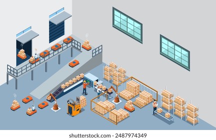 Smart Warehouse Technology and Automated Warehouse Robots Concept with Automated Guided Vehicles (AGVs) and Autonomous Mobile Robots (AMRs). Vector illustration EPS 10