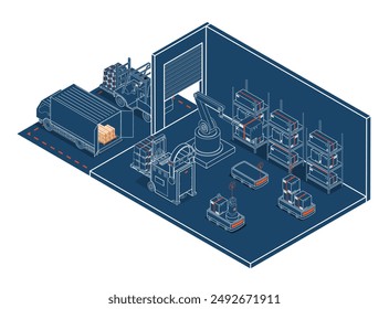 Smart Warehouse Technologie und Automated Warehouse Robots Concept mit Automated Guided Vehicles (AGV) und Autonomous Mobile Robots (AMRs). Vektorillustration EPS 10