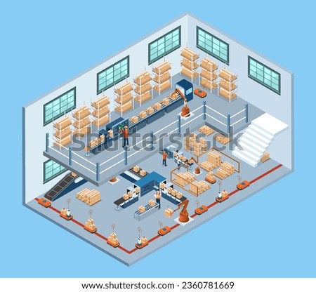Smart Warehouse Technology and Automated Warehouse Robots Concept with Industry 4.0, Warehouse Automation System and Autonomous Robot Transportation operation service. Vector illustration EPS 10