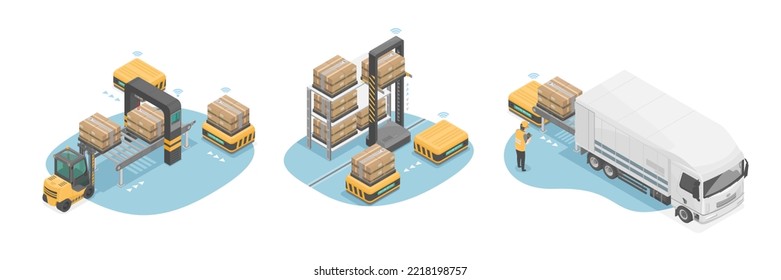 smart warehouse visual concept heavy cargo robot carry for iot shipping and business system or big logistics smart factory isometric isolate vector