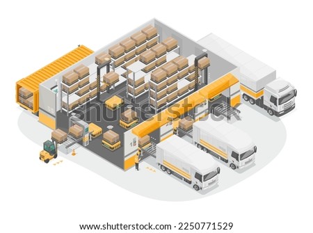 Smart Warehouse Yellow heavy cargo robot carry for iot shipping and business system or big logistics smart factory isometric isolate vector	
