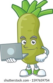 Smart wasabi cartoon character working with laptop