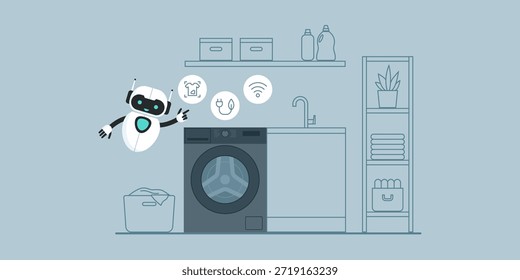 Smart washing machine and AI robot pointing at icons in the laundry room, home automation concept