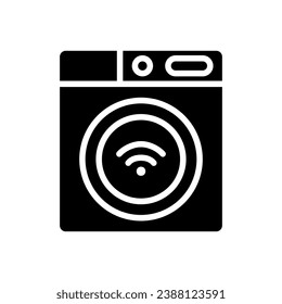 Smart washing machine black glyph icon. Home appliance. Device for laundry. Remote control via smartphone app. Silhouette symbol on white space. Solid pictogram. Vector isolated illustration