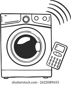 Smart washing machine with a washing drum icon vector. Smart wi-fi connected washing machine logo.