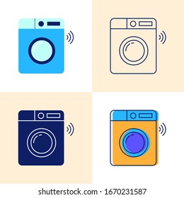 Icono de lavadora inteligente en estilos planos y líneas. Equipo doméstico inteligente con control remoto. Ilustración vectorial.