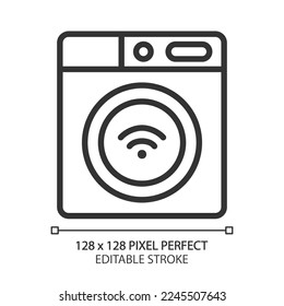 Klare Waschmaschine Pixel perfekte Linearsymbol. Heimgerät. Waschmaschine. Fernsteuerung über Smartphone-App. Dünne Illustration. Contour-Symbol. Vektorgrafik-Zeichnung. Bearbeitbarer Hub