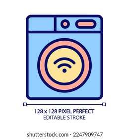Smart washing machine pixel perfect RGB color icon. Home appliance. Device for laundry. Remote control via smartphone app. Isolated vector illustration. Simple filled line drawing. Editable stroke