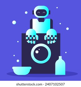 Smart washing robot. Home assistant. Smart House with AI. Laundry with artificial intelligence. Flat vector illustration.