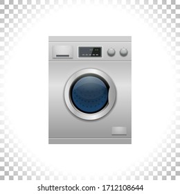 Smart washing-machine with front-loading clothes isolated on transparent background. Home appliance concept. Front view. Digital display. Silver color. Vector illustration.
