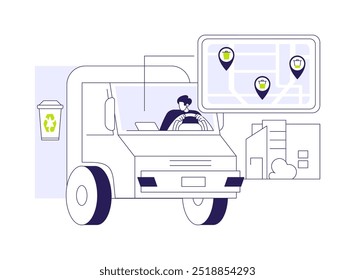 Ilustración vectorial de concepto abstracto de colección de residuos inteligente. Conductor de camión de basura que obtiene datos para recolectar basura urbana utilizando metáfora abstracta del App especial, ciudad inteligente, industria de la ecología.