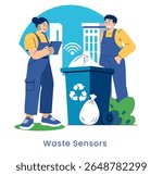 Smart waste management concept with two workers monitoring recycling bin using digital technology for efficient city services.
