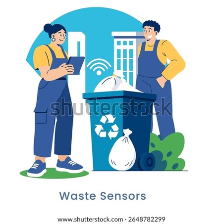 Smart waste management concept with two workers monitoring recycling bin using digital technology for efficient city services.