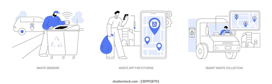 Smart waste management system abstract concept vector illustration set. Waste sensors, garbage smartphone app for citizens, smart urban rubbish collection, modern technology abstract metaphor.